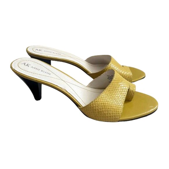 Anne Klein Kami AKKAMI Yellow Snakeskin Heels Peep Toe‎ Slide Size 10.5 - Picture 1 of 8